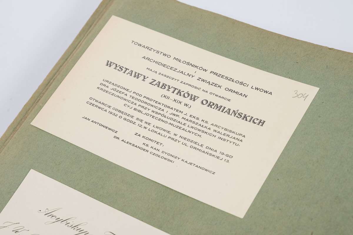 Zaproszenie Towarzystwa Miłośników Przeszłości Lwowa i Archidiecezjalnego Związku Ormian na otwarcie Wystawa Zabytków Ormiańskich