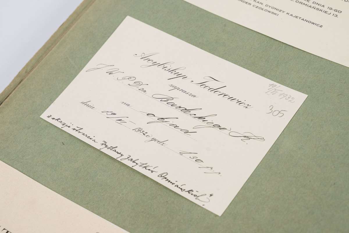 Zaproszenie od arcybiskupa Józefa Teodorowicza dla Badeckiego na obiad z okazji otwarcia Wystawa Zabytków Ormiańskich.